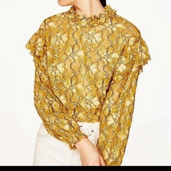 Zara Mustard Yellow Lace Ruffled Crop Blouse - Picture 1 of 7